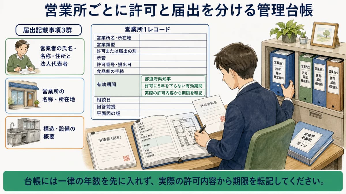 営業所ごとに許可と届出を分ける管理台帳