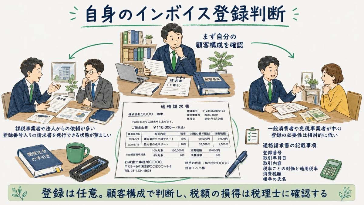 行政書士自身のインボイス登録判断の流れを示す図解