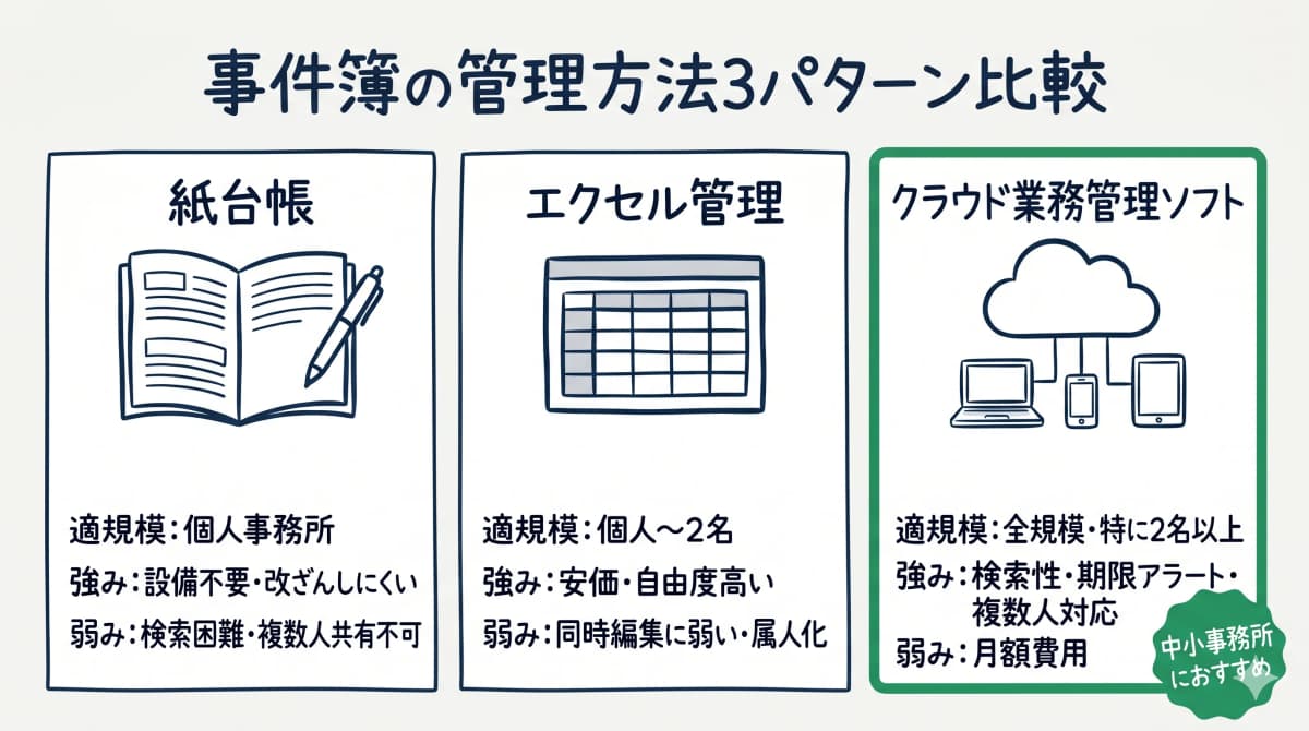 紙・エクセル・クラウドの3パターン比較