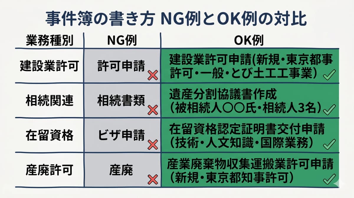 事件簿の各項目の書き方OK/NG例