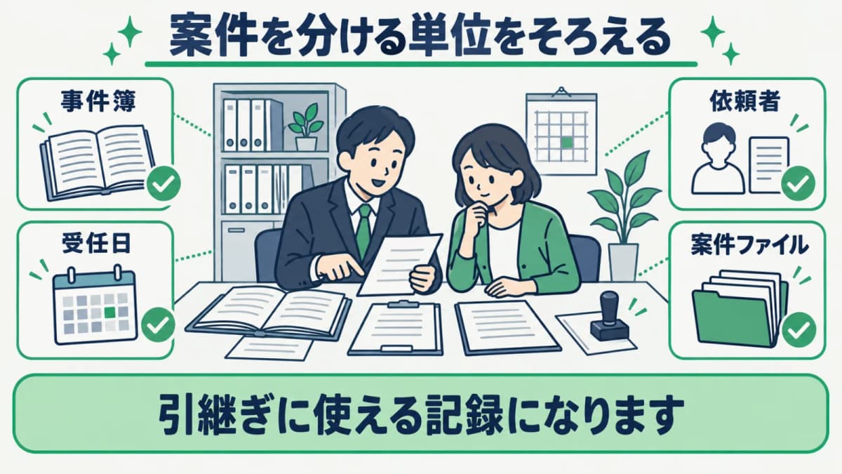 依頼者と受任日を起点に事件簿番号を整理する確認表