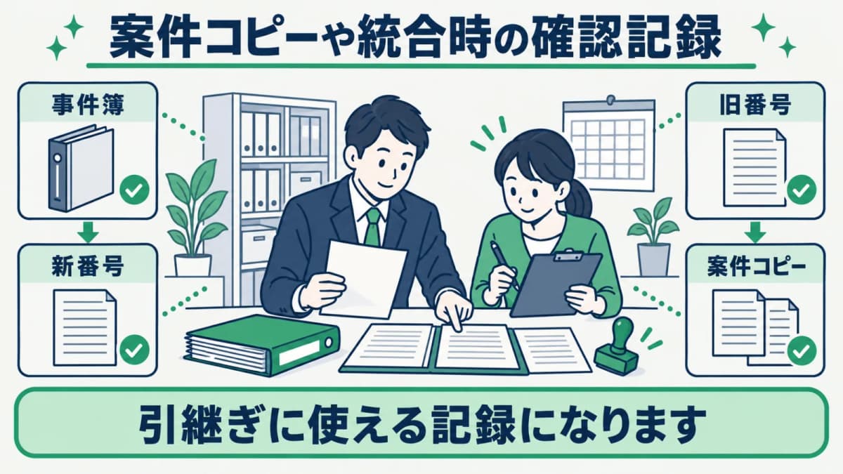 旧番号と新番号の関係を記録する案件整理図