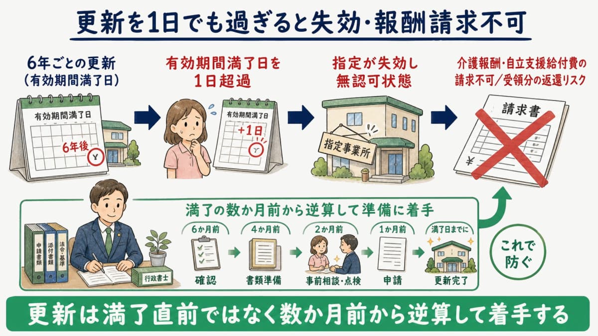 介護・障害福祉の指定が6年更新を過ぎて失効し報酬請求ができなくなる流れを示した図