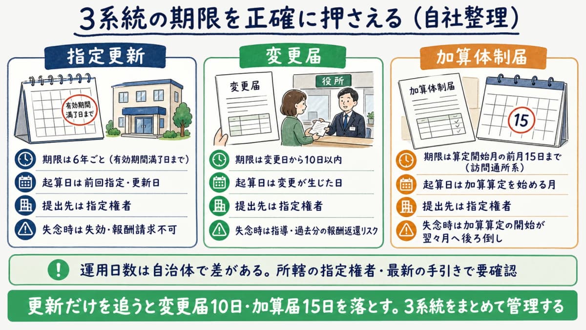6年更新・変更届10日以内・加算体制届前月15日の3系統の期限と起算日を並べた比較図
