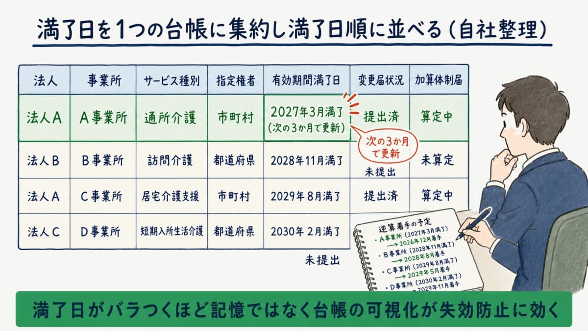 複数法人・複数事業所の満了日と届出状況を1つの台帳に集約し満了日順に並べた一元管理の図