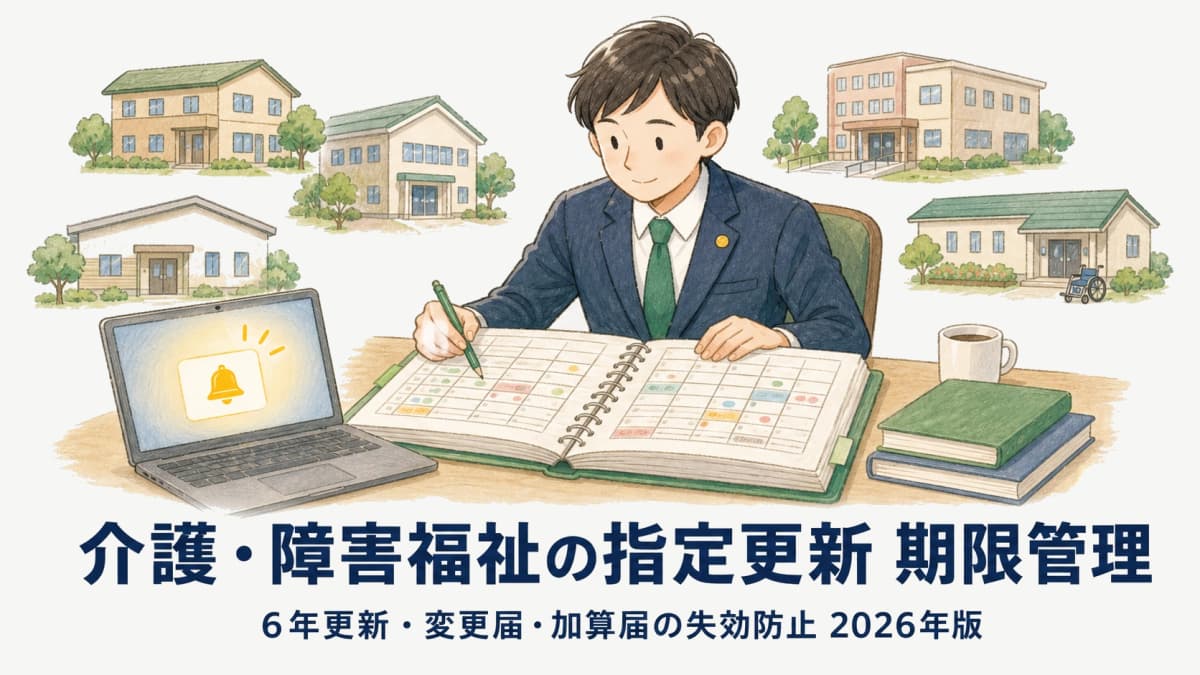 【2026年版】介護・障害福祉の指定更新(6年)・変更届・加算届 期限管理|受任事務所の失効防止