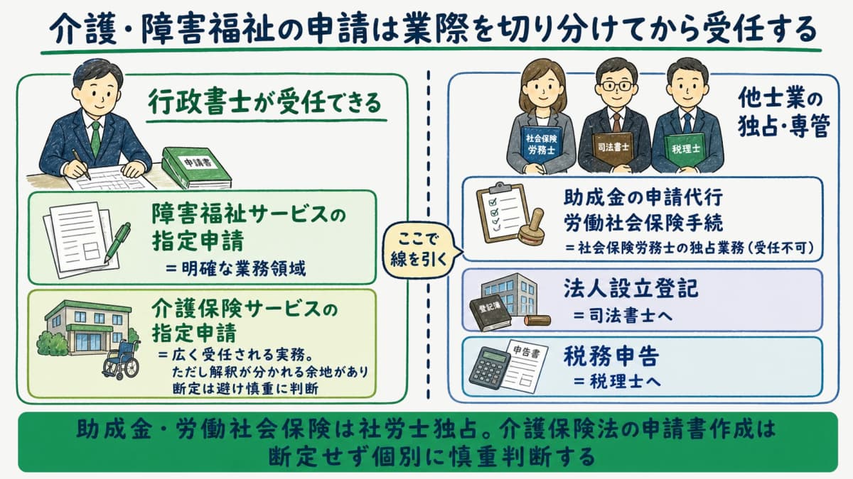 助成金と労働社会保険は社労士独占、障害福祉の申請は行政書士領域という業際の切り分けを示す図