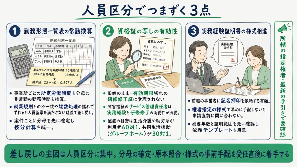 勤務形態一覧表の常勤換算・資格証・実務経験証明のチェックポイントを示した図
