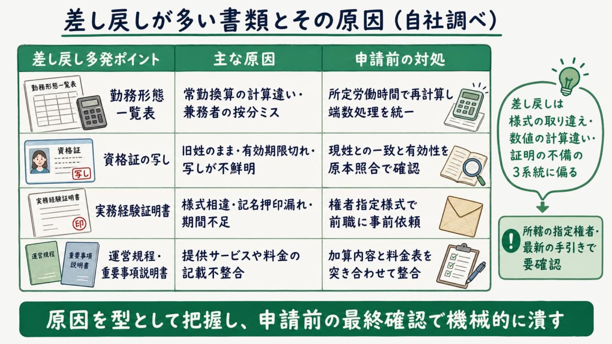 差し戻しが多い書類とその原因を一覧化した図