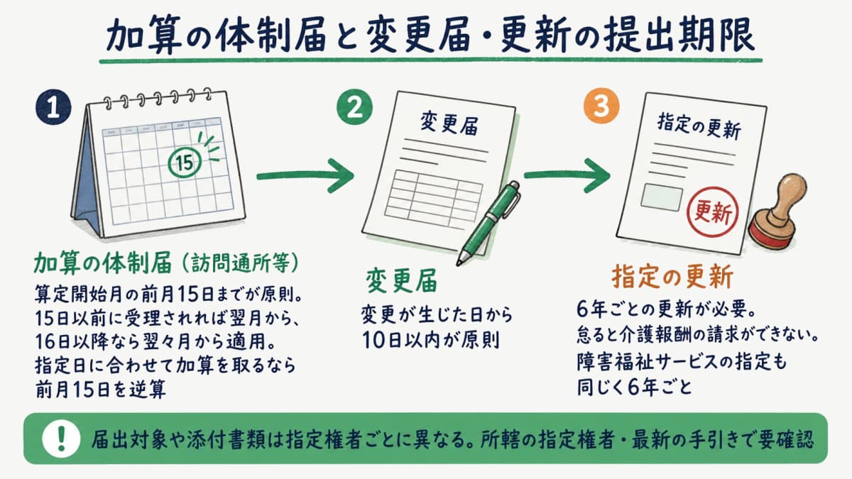 加算の体制届と変更届・更新申請の提出期限を示したタイムラインの図