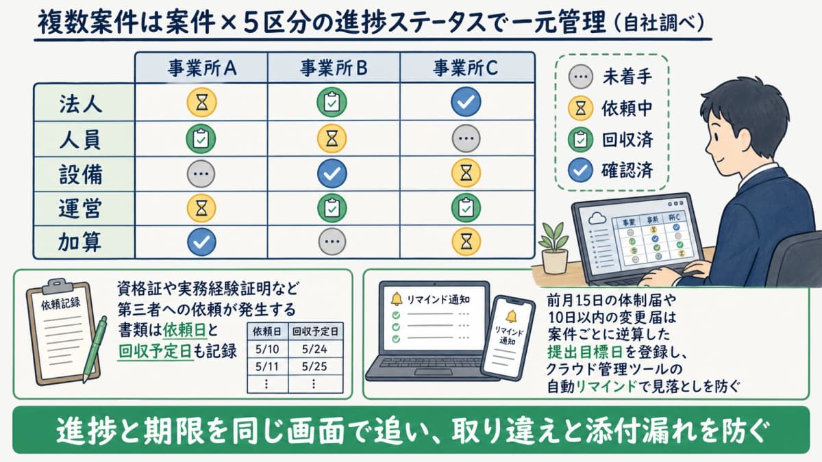 複数の指定申請案件を5区分と進捗ステータスで管理する一覧表の図