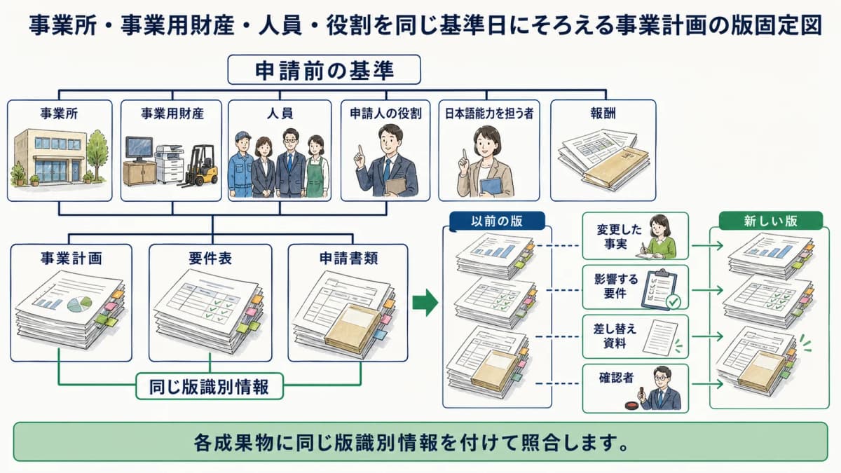 事業所・事業用財産・人員・役割を同じ基準日にそろえる事業計画の版固定図