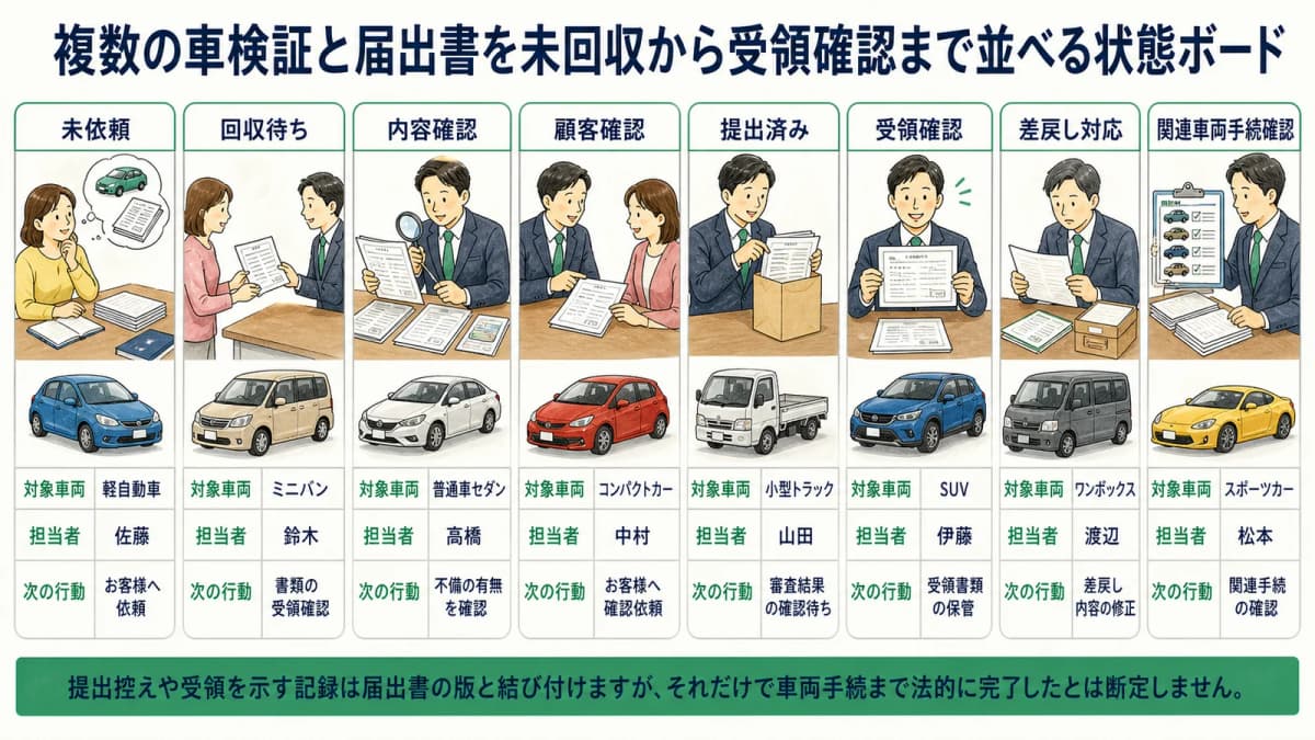 複数の車検証と届出書を未回収から受領確認まで並べる状態ボード