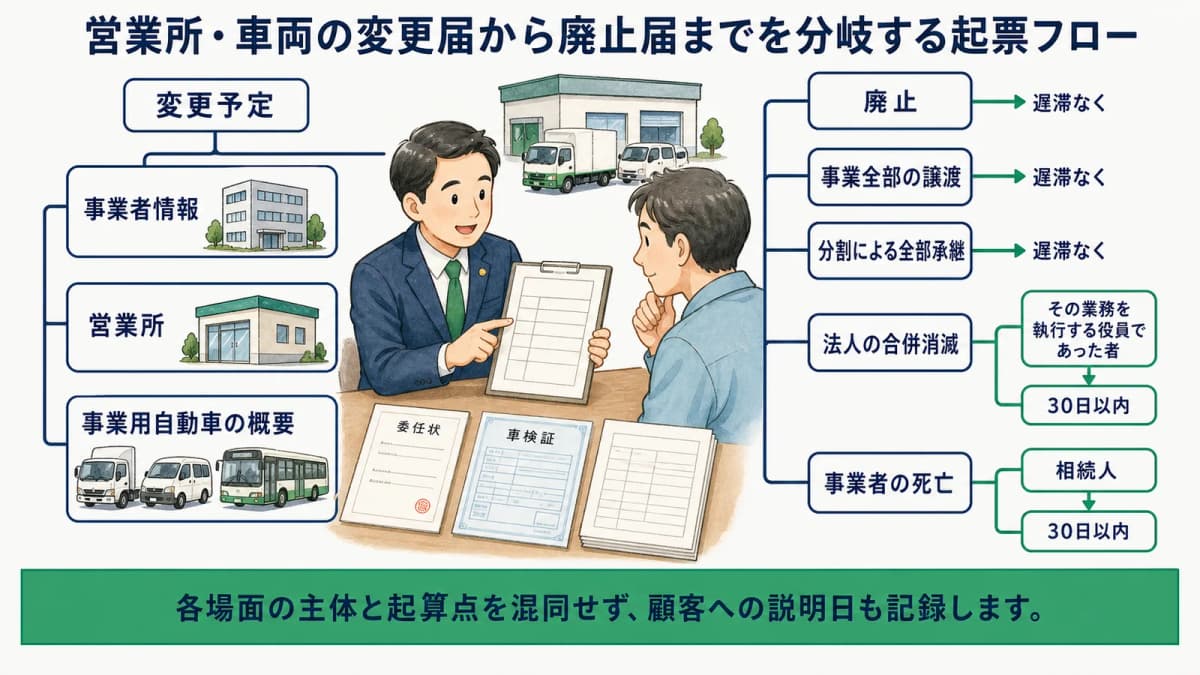 営業所・車両の変更届から廃止届までを分岐する起票フロー