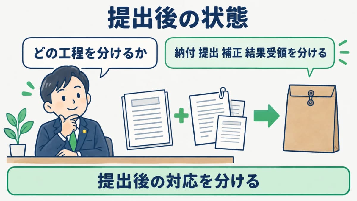 納付・提出・補正・結果受領を分けた状態遷移図