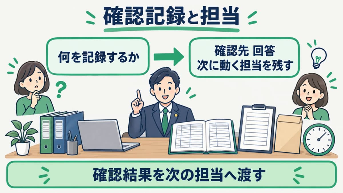 確認記録と次に動く担当を案件別に並べる例