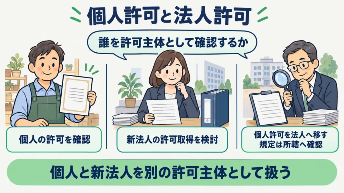 個人許可と法人許可を分けて確認する古物商法人成りの図