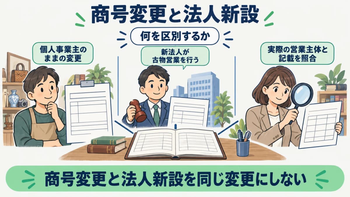 商号の変更と新法人の許可取得を区別する判定図