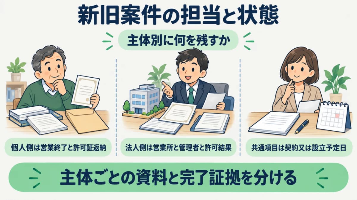 新旧二つの古物商案件を担当と状態で分ける管理表