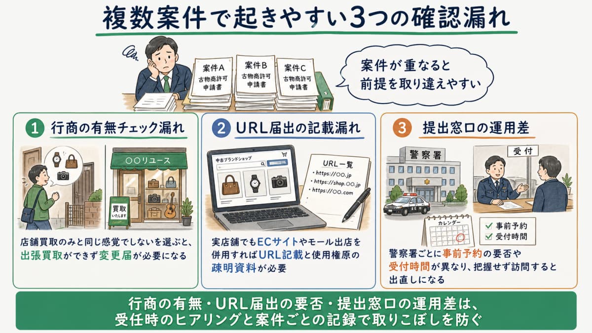複数案件で起きやすい3つのミスを示す図