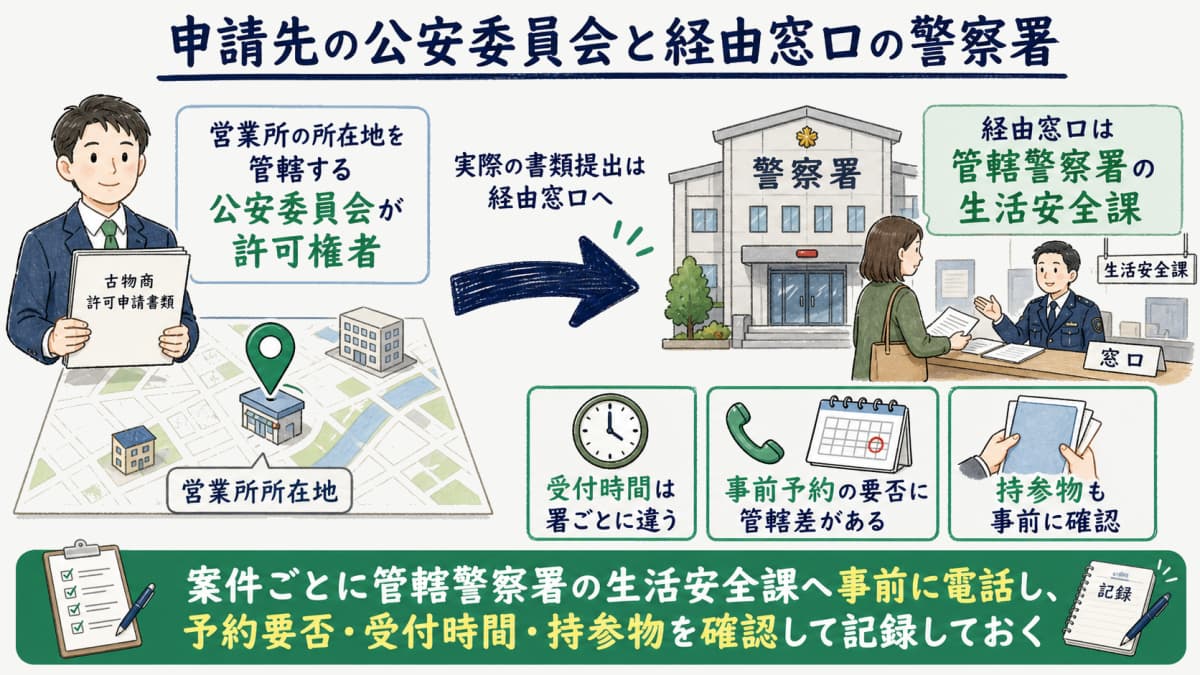 公安委員会と経由警察署の提出窓口の違いを示す図