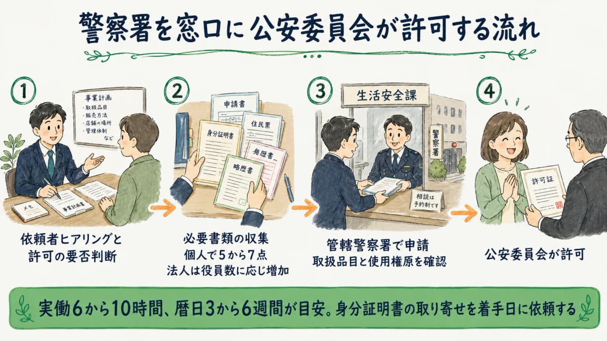 警察署経由で公安委員会へ申請する流れを示した図解