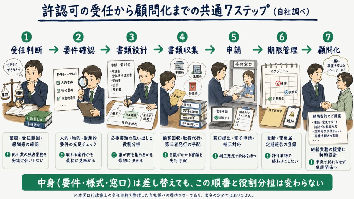 許認可申請の受任から顧問化までの共通7ステップを示すフロー図