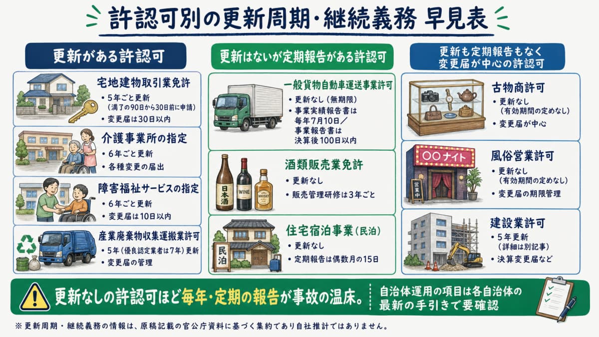 許認可別の更新周期と継続義務を比較した早見表のイメージ