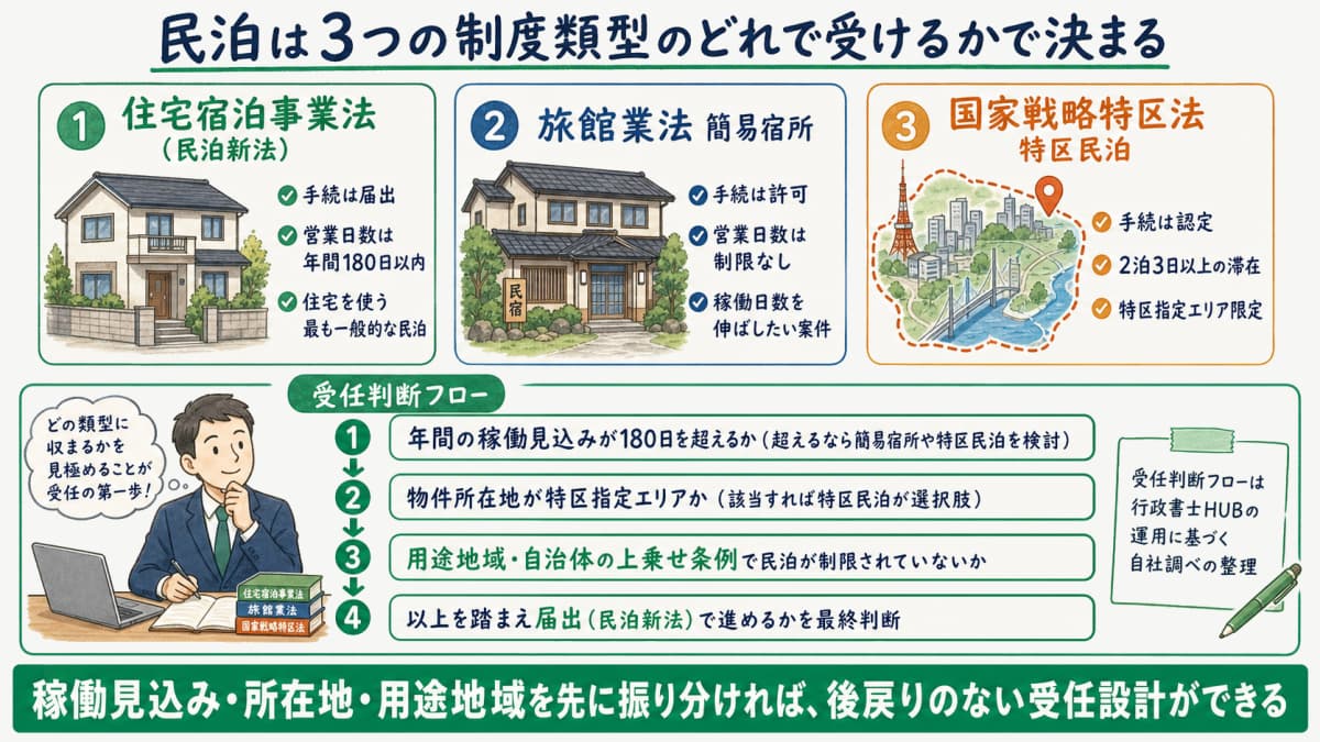 民泊3類型(住宅宿泊事業法・簡易宿所・特区民泊)の受任判断フロー図