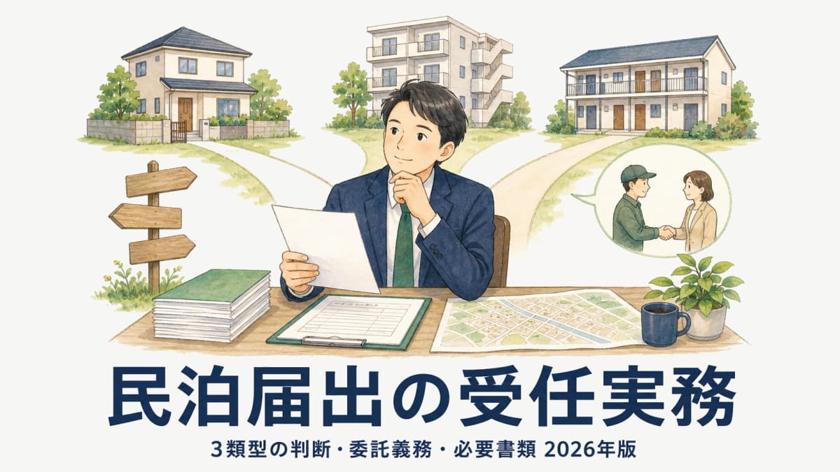 【2026年版】民泊(住宅宿泊事業)届出の受任実務|3類型の判断・委託義務・必要書類