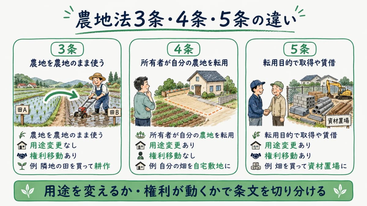 農地法3条4条5条の違いを用途変更と権利移動の有無で整理した図