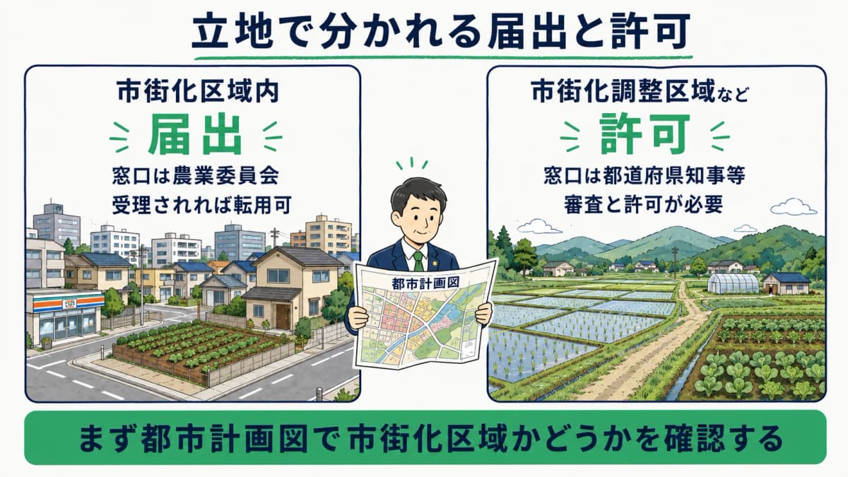 市街化区域は届出・調整区域は許可となる区分を立地別に示した図