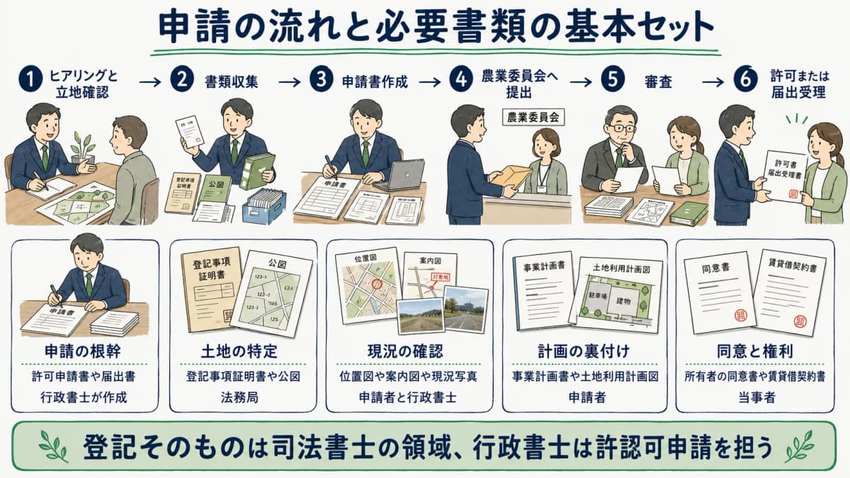 農地転用申請の流れと必要書類の基本セットを段階別に示した図