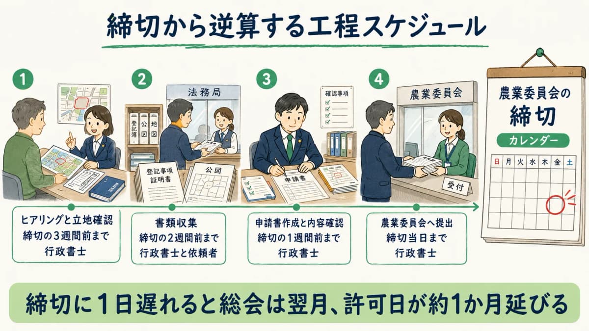 農業委員会の月次締切から逆算した工程スケジュールを示した図