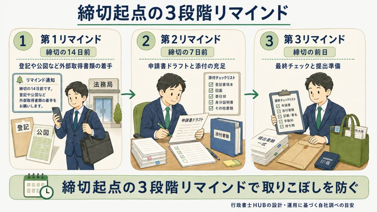締切14日前・7日前・前日の3段階リマインド運用を示した図