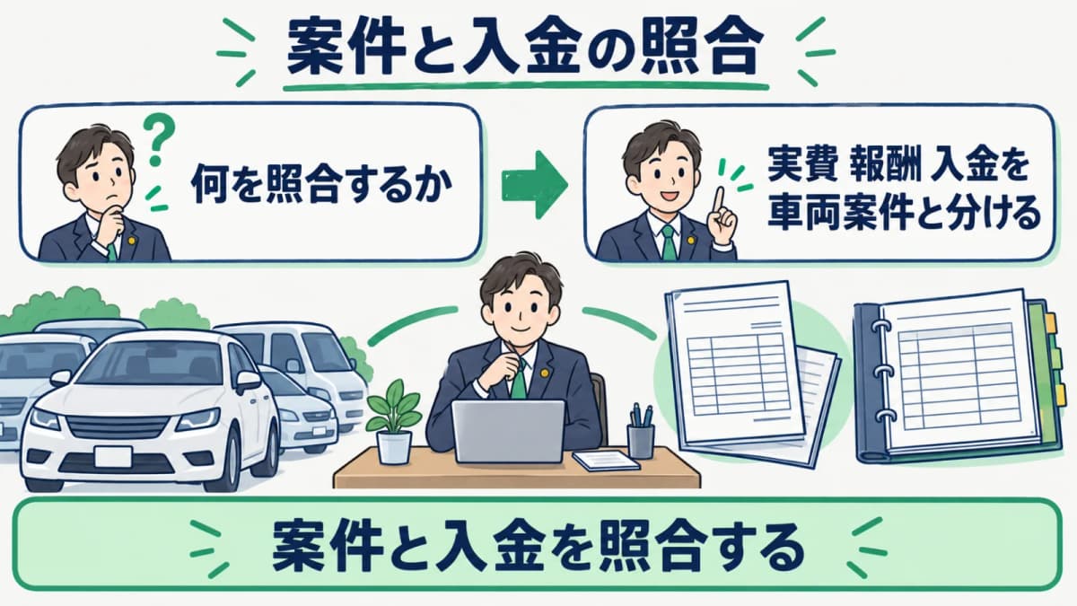 車両案件と実費・報酬・入金を照合する表の例