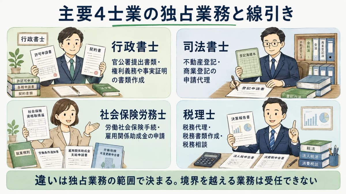 行政書士と他士業の独占業務の線引きを示す早見表の図