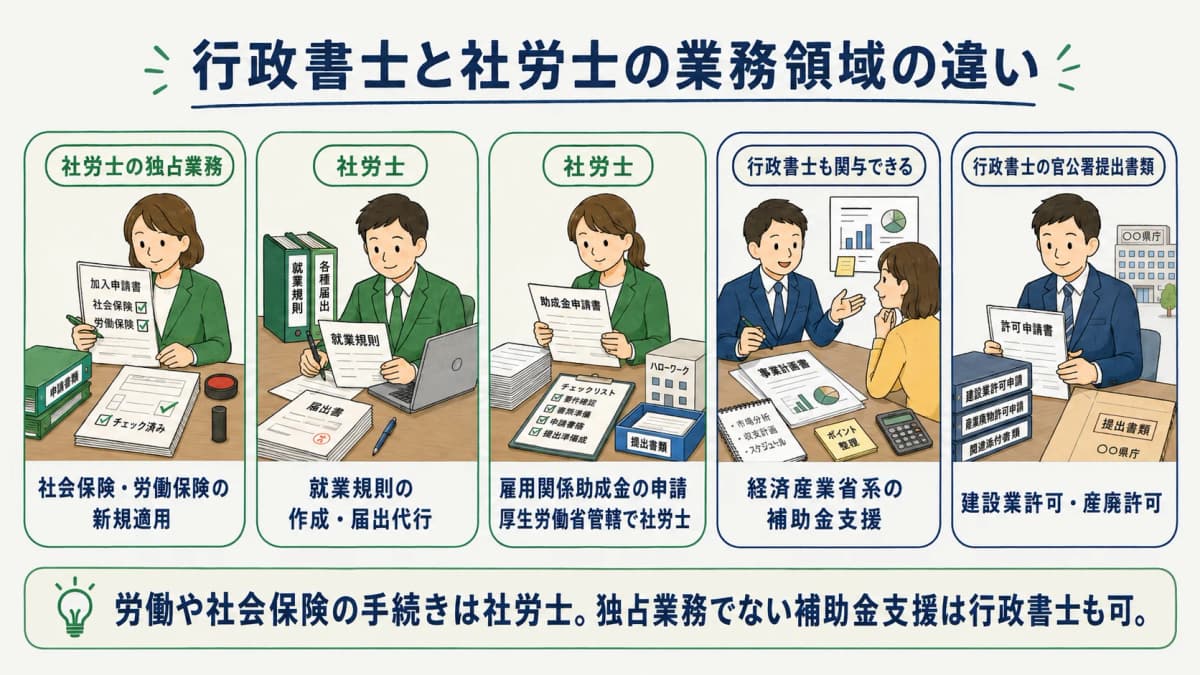 行政書士と社労士の業務領域の違いを示す図