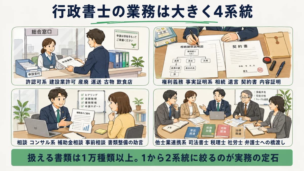 行政書士の業務を4系統に分類した俯瞰図