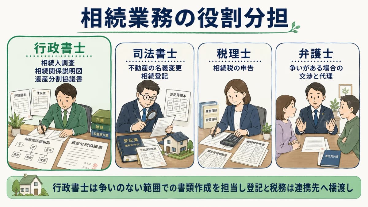 相続業務における行政書士と他士業の役割分担図