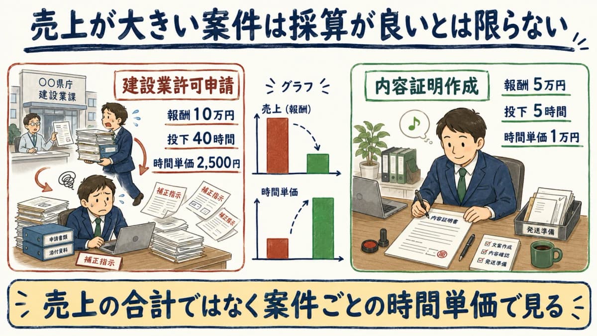 採算が見えない事務所で売上は増えても利益が残らない構造を示す図