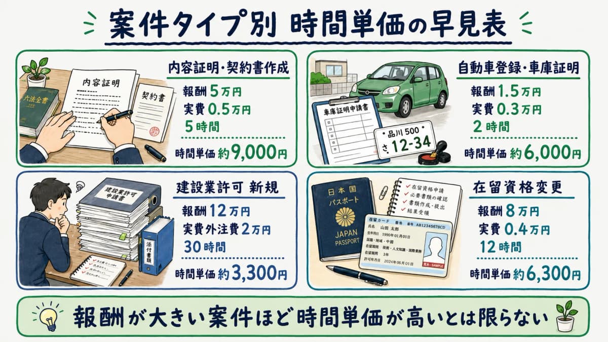 案件タイプ別に報酬と投下時間から時間単価を算出する早見表のイメージ図
