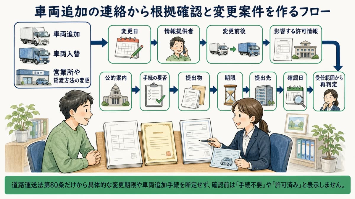 車両追加の連絡から根拠確認と変更案件を作るフロー