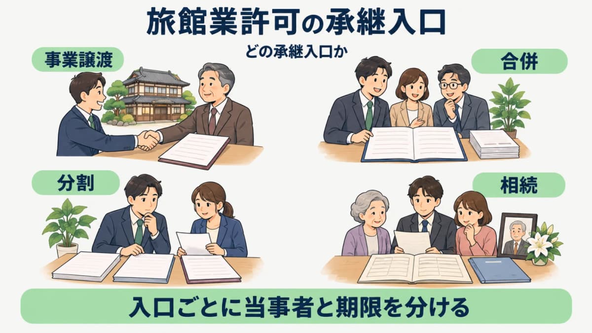 旅館業許可の4つの承継入口を分ける判定フロー