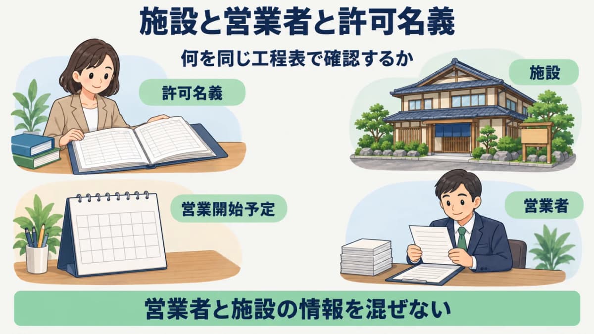 旅館業の施設と営業者と許可名義の関係を確認する図