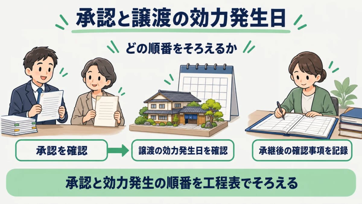 承認と譲渡の効力発生日をそろえる旅館業の時間軸