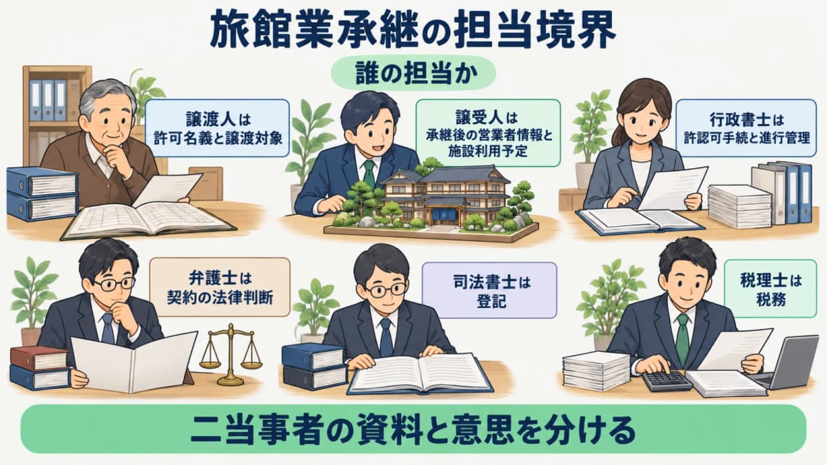 旅館業承継の利益相反確認と専門家の担当を分ける表
