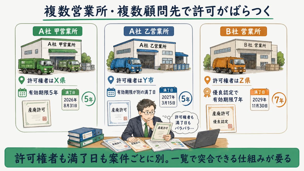 複数営業所・複数顧問先で産廃許可の許可権者と有効期限がばらつく様子を示す図