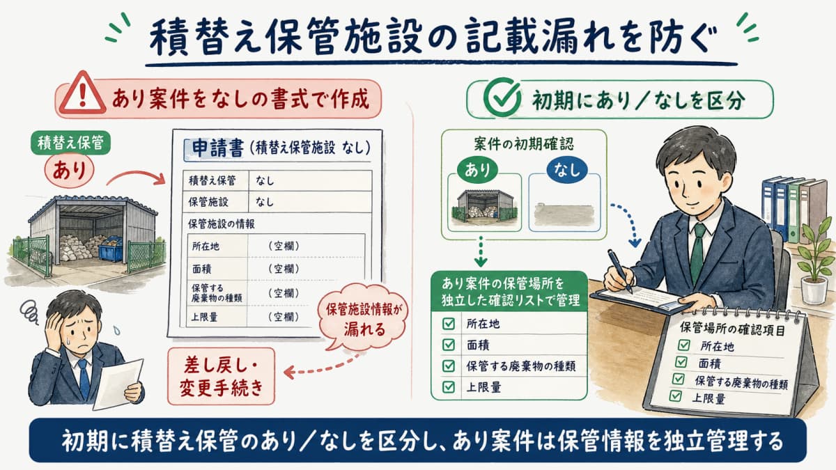積替え保管ありの案件をなしの書式で作成し保管施設情報が漏れる様子を示す図