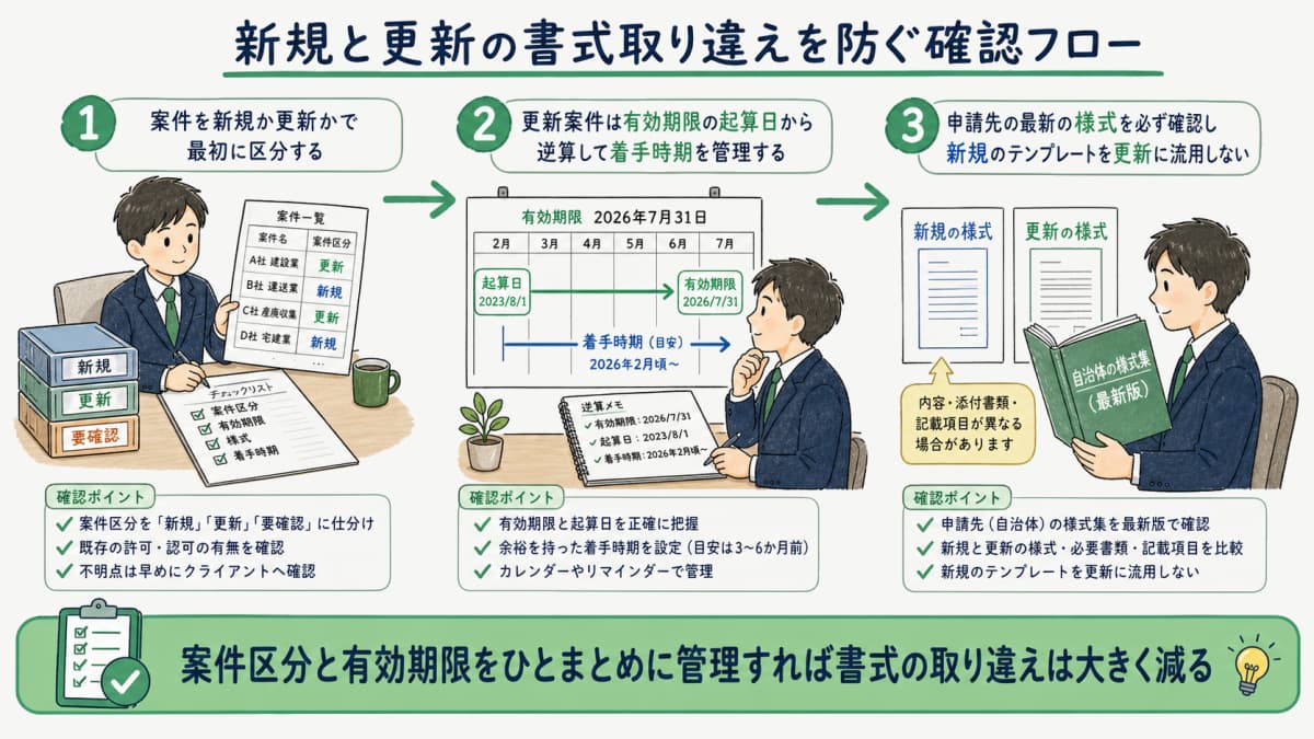 新規申請の様式で更新案件を作成してしまう書式取り違えを防ぐ確認の流れを示す図
